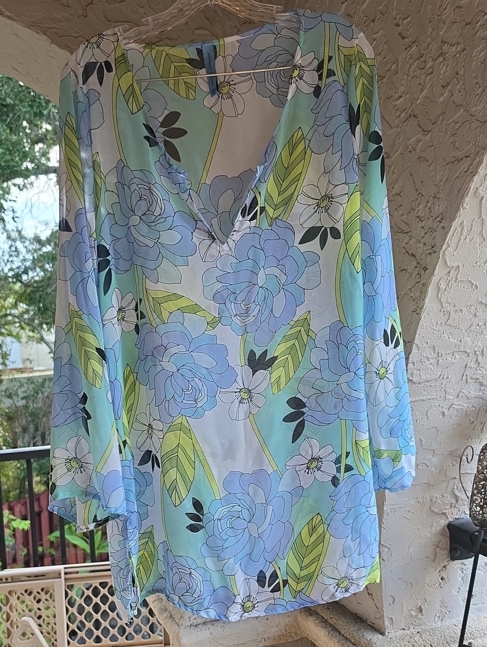 Floral V-Neck Women’s Top in Light Blue and Green